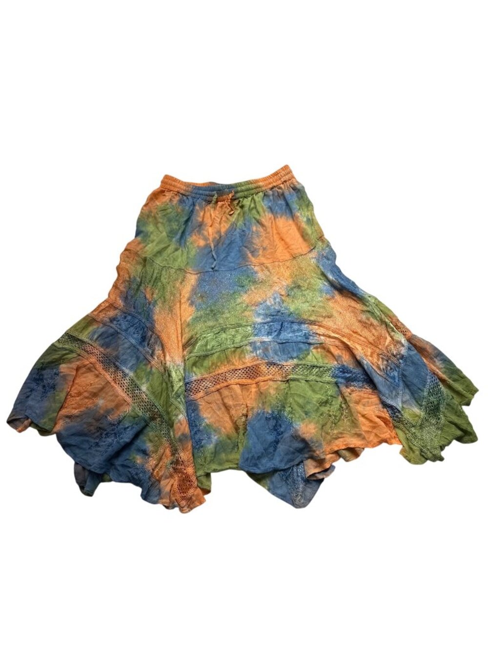 NWT Bohemian Tie Dye Pixie Hem Midi Skirt O/S Fairy Grunge Crochet Embroidered